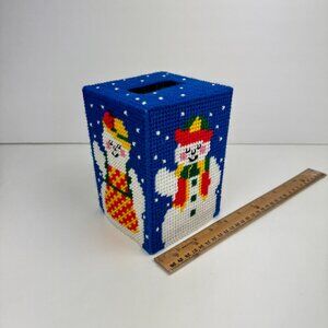 Vtg Handmade Square‎ Blue Tissue Box Cover Snowman Winter Plastic Canvas Yarn